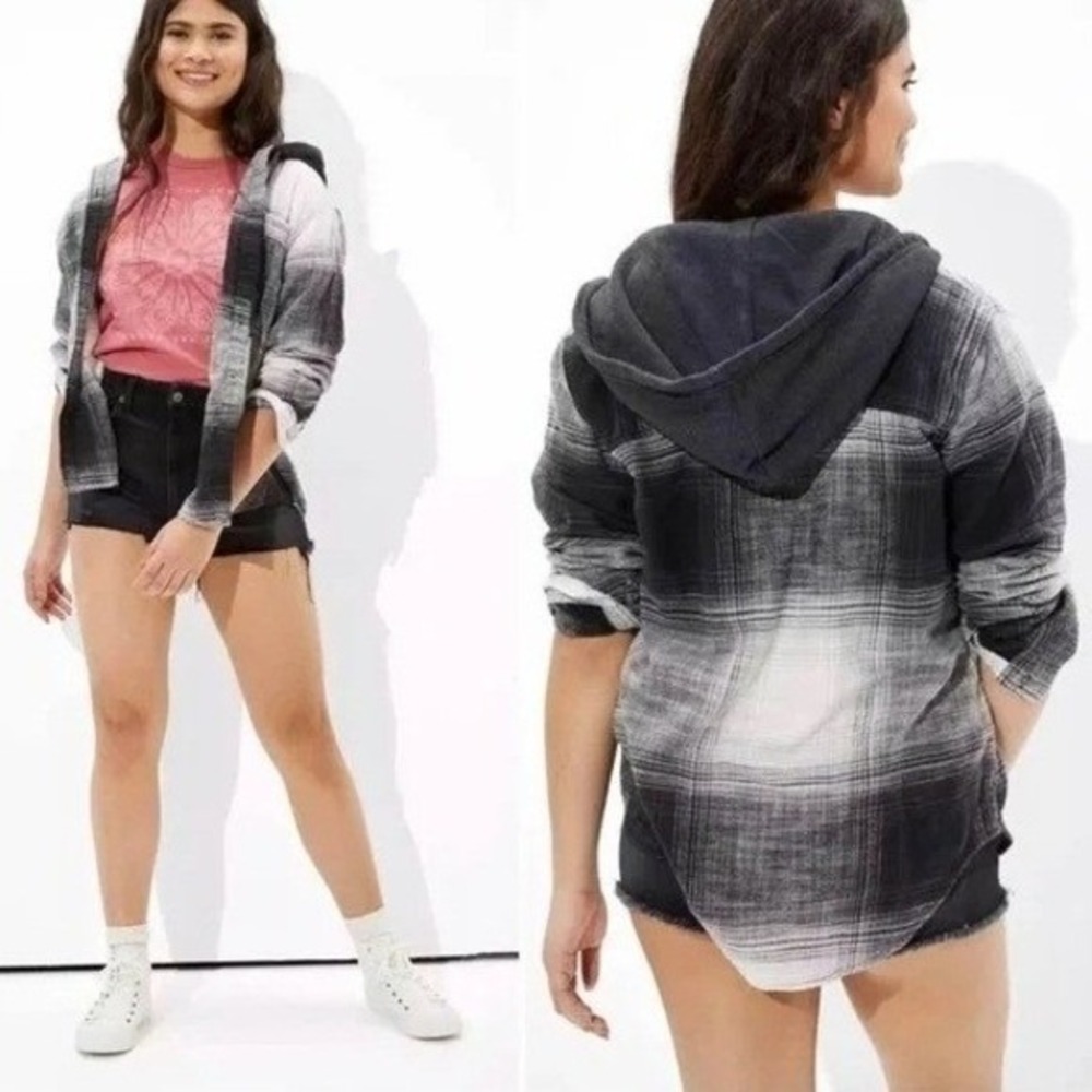 American Eagle Plaid Slouchy Flannel Hooded Shirt Grunge Black White Womens Sm